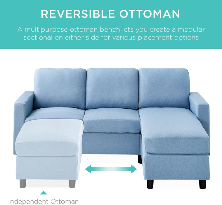 Upholstered Sectional Sofa for Home, Apartment, Dorm, Bonus Room, Compact Spaces W/Chaise Lounge, 3-Seat, L-Shape Design, Reversible Ottoman Bench, 680Lb Capacity - Light Blue