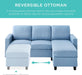 Upholstered Sectional Sofa for Home, Apartment, Dorm, Bonus Room, Compact Spaces W/Chaise Lounge, 3-Seat, L-Shape Design, Reversible Ottoman Bench, 680Lb Capacity - Light Blue