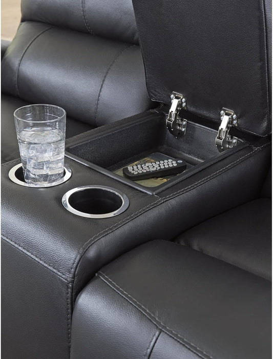 Glassmere Contemporary Leather Match Reclining Loveseat with Console, 2 Cup Holders and Storage, Black