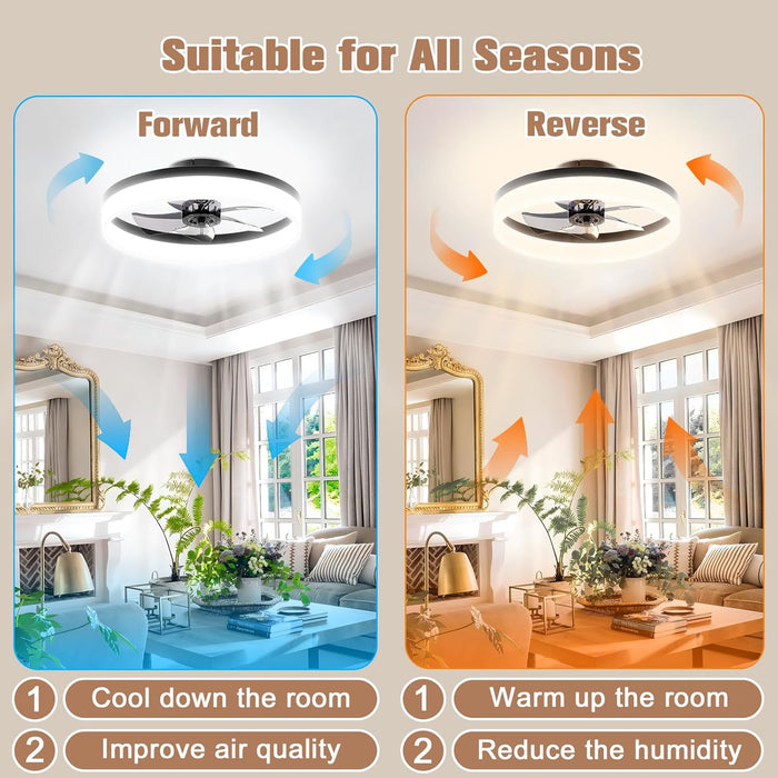 Low Profile Ceiling Fans with Lights and Remote,15.7In Modern Ceiling Fan Flush Mount,3000K-6500K Dimmable Bladeless LED Fan Light,Black Fandelier Ceiling Fans with Lights for Bedroom