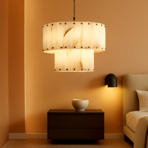Alabaster Chandelier,D24In Spanish Marble round Alabaster Chandeliers 2 Tiers,Modern Dining Room Alabaster Chandelier, Adjustable Gold Chandeliers for Living Room,Bedroom,Foyer,Bathroom,Entryway