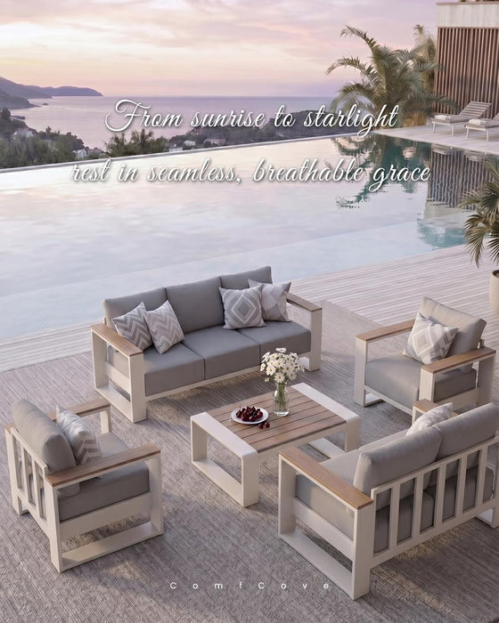 Oversized Aluminum Patio Furniture Set, 4 Pieces Luxury Outdoor Furniture Set with 7.1" Extra Thick Cushion, Modern Outdoor Sectional with Coffee Table for Porch, Garden and Deck, White