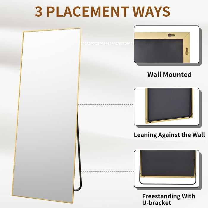 Mirror Full Length - 21" X 57" Floor Mirror with Stand, Aluminum Alloy Frame Full Body Mirror, Standing Hanging or Leaning against Wall for Bedroom and Living Room, Gold