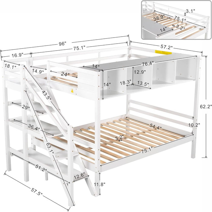 Twin Size Bed Frame for Bedroom Twin over Full Bunk Bed with Staircase and Built-In Storage Cabinets No Box Spring Needed White 96" L X 57.2" W X 62.2" H