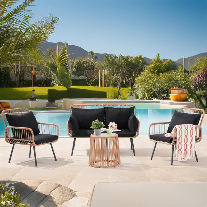 4 Pieces Patio Furniture Set, Outdoor Wicker Patio Conversation Set, Patio Sectional Table and Chairs Set of 4 with Cushion and Pillow, Coffee Side Table (Black)