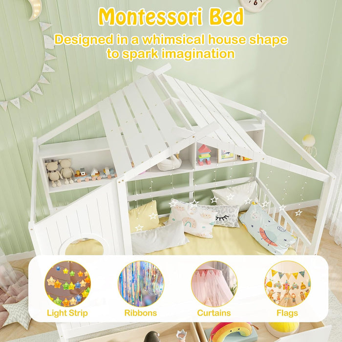 White Twin Size Wooden House Bed TwoUnderbedStorageDrawers