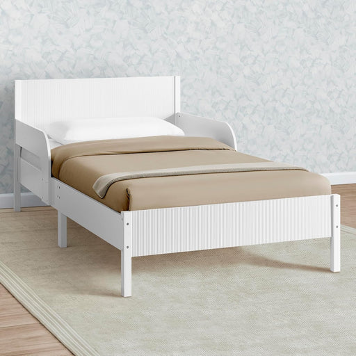 Cora Wood Twin Bed with Removable Guardrails - Wood Twin Bed with Slats Supports for Girls & Boys Teens, No Box Spring Needed, White Oxford Stripes