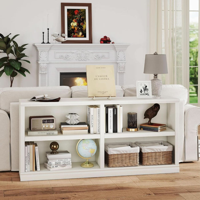 White Bookshelf Double Wide 64“ 2-Tier Bookcase 4 Cube Storage Organizer Wooden Bookcases for Bedroom and Home Office Decor Display