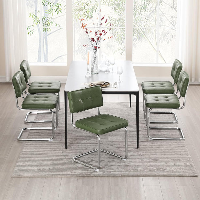 Faux Leather Dining Chairs Set of 6, Industrial Metal Chairs with Stainless Chrome Legs, Mid Century Modern Cesca Chair for Kitchen & Dining Living Room, Upholstered Armless Chair, Green