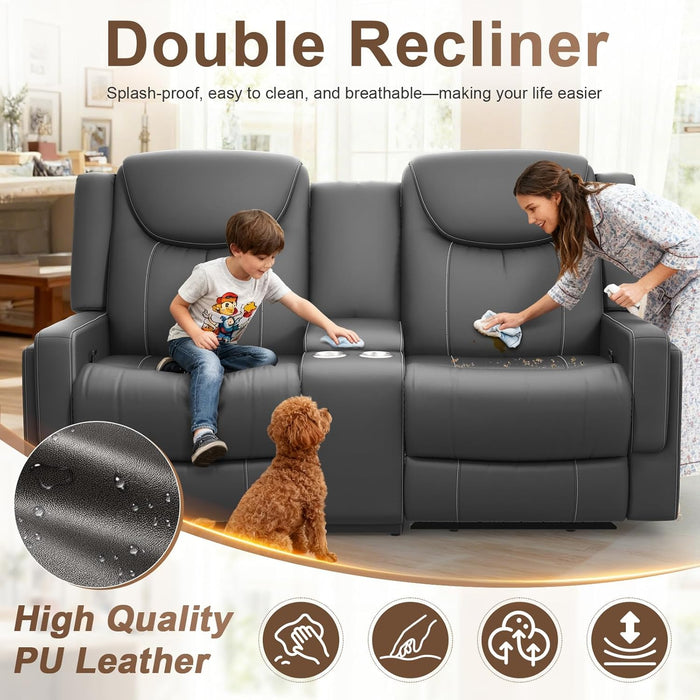 Loveseat Recliner Sofa, Gray PU Leather Double Recliner Loveseat with Console, Cup Holders, Storage & USB Ports, Ergonomics， Manual Reclining Sofa Couch for Living Room, RV