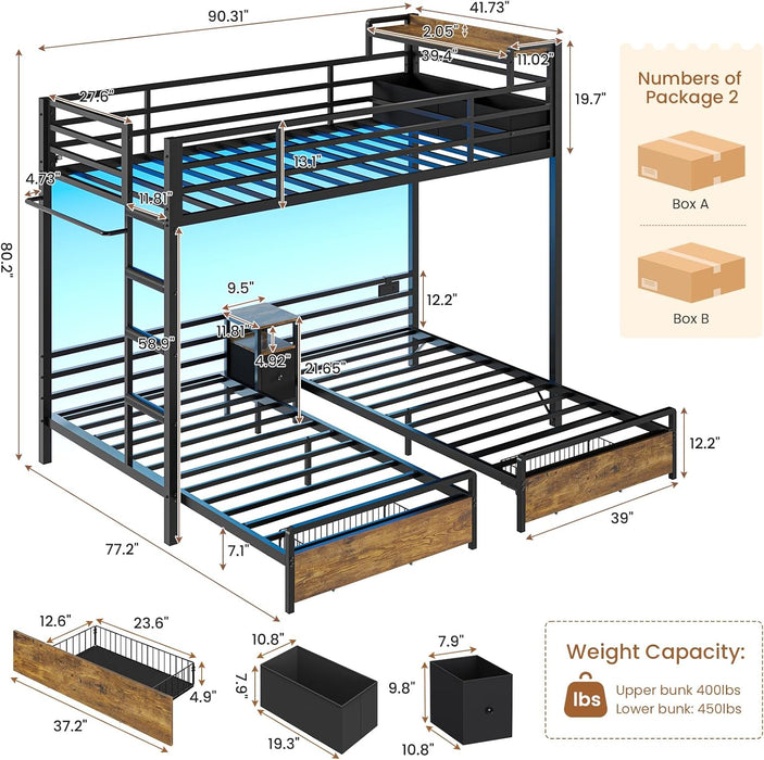 Triple Bunk Bed for Kids with Storage Drawers and Charging Station Twin over Twin Metal Bunk Bed with Storage Shelves and Box,3 Beds with Guardrails and Ladder, No Box Spring Needed, Black