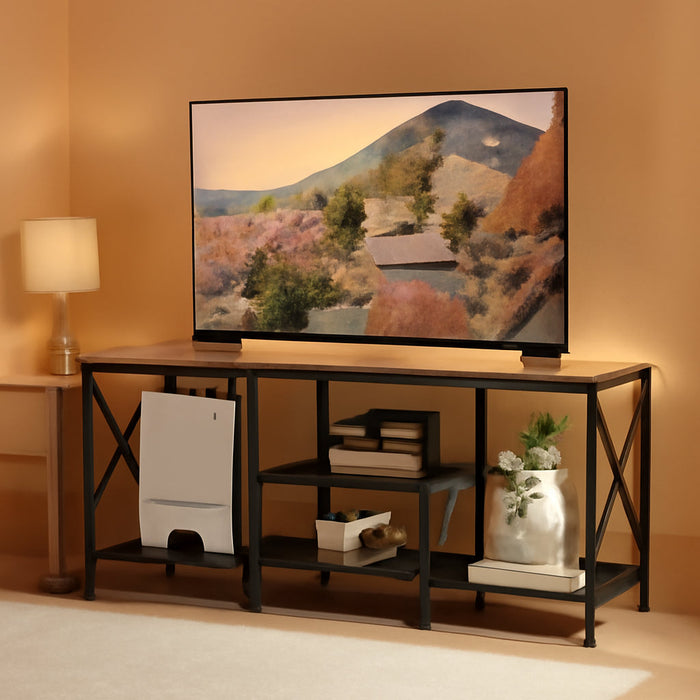 TV Stand for 55 Inch TV, Entertainment Center with 3-Tier Open Shelves, TV Console Table for Living Room, Bedroom, Rustic Brown