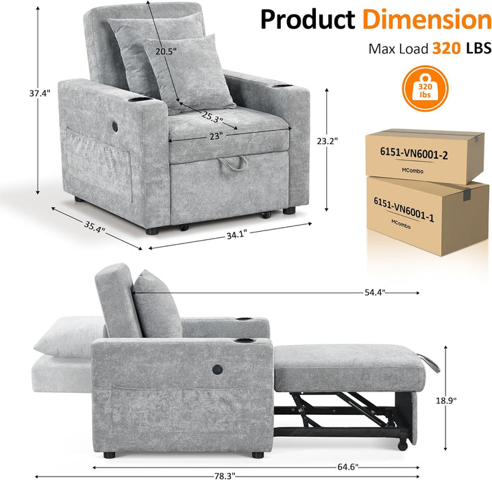 Convertible Sleeper Chair Bed With Linen Upholstery