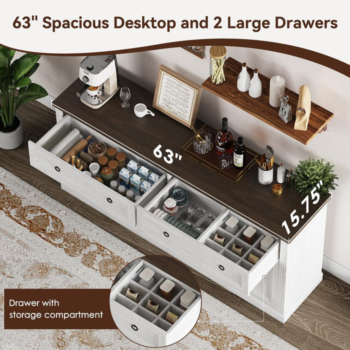 63'' Sideboard Buffet Cabinet with Power Outlet, Antique White