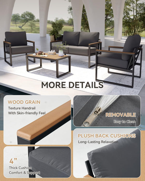 4 Piece Patio Furniture Set, Outdoor Patio Furniture with Thick Cushions, Modern Metal Outdoor Conversation Sets with Coffee Table for Porch, Balcony, Deck Dark Grey