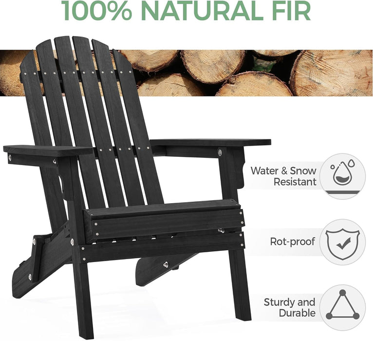 Folding Adirondack Chair Set of 2 Outdoor, 300LBS Solid Wood Garden Chair Weather Resistant, Fire Pit Lounge Chairs for Garden/Yard/Patio/Lawn, Black