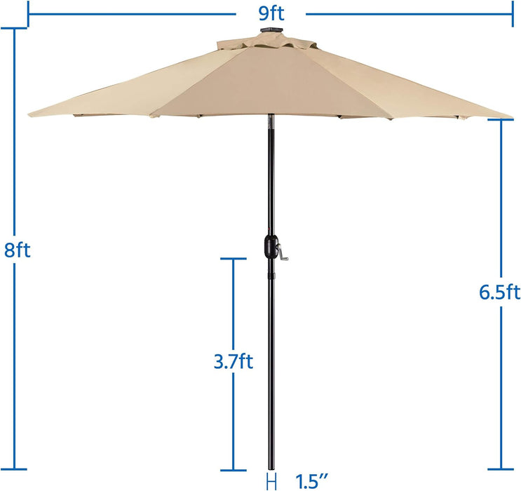 9FT Solar Powered Patio Umbrella - UV Protection Market Table Umbrella W/ 32 LED Lights & Push Button Tilt & Crank Lift System for Garden/Lawn/Deck/Backyard/Pool,Tan