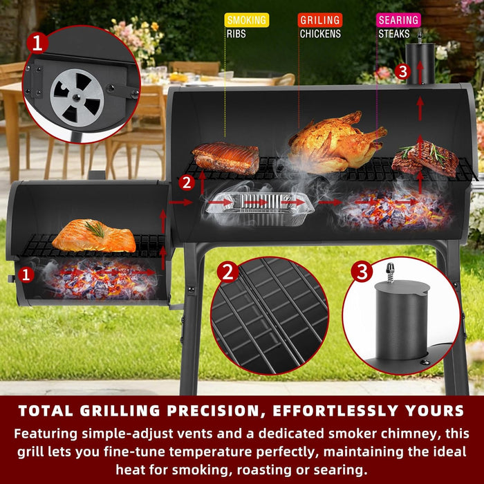 Charcoal Grill with Offset Smoker,Bbq Grills with Side Table,Outdoor Cooking with 535 Square Inches,Backyard Camping Picnics, Patio and Parties, Black by