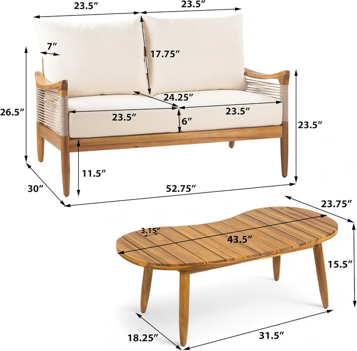 Havets 2 Piece Patio Conversation Sets, Outdoor Acacia Wood Patio Seating Group,Woven Rope Loveseat with Cushions and Coffee Table for Porch Garden Backyard Balcony, Teak+Beige