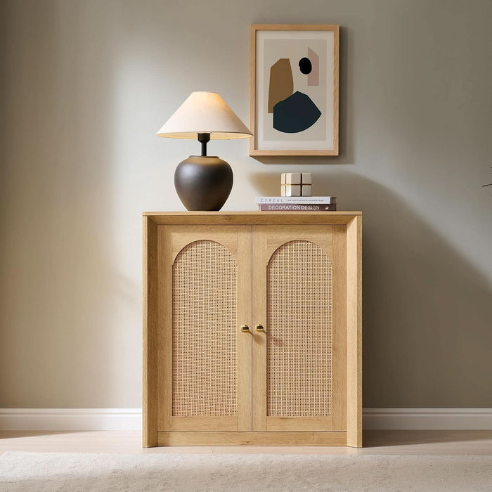 Rattan Arched Door Sideboard Buffet Cabinet, Natural Oak