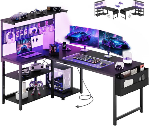 L Shaped Desk Gaming Desk with LED Light & Power Outlet, 55 Inch Reversible Computer Desk with Pegboard & Shelf & Storage Bag for Home Office, Black