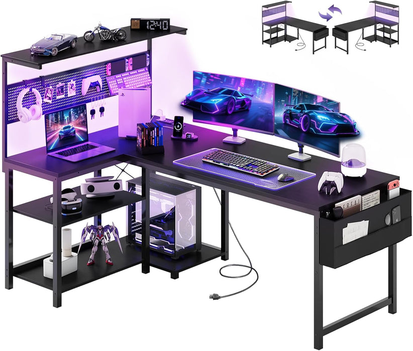 L Shaped Desk Gaming Desk with LED Light & Power Outlet, 55 Inch Reversible Computer Desk with Pegboard & Shelf & Storage Bag for Home Office, Black