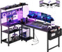 L Shaped Desk Gaming Desk with LED Light & Power Outlet, 55 Inch Reversible Computer Desk with Pegboard & Shelf & Storage Bag for Home Office, Black