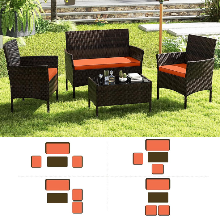 4-Piece Patio Furniture Set - Rattan Outdoor Conversation Bistro Set W/Cushions, Glass Coffee Table, Wicker Chairs & Loveseat for Garden Backyard Porch, Balcony Furniture Set (1, Orange)