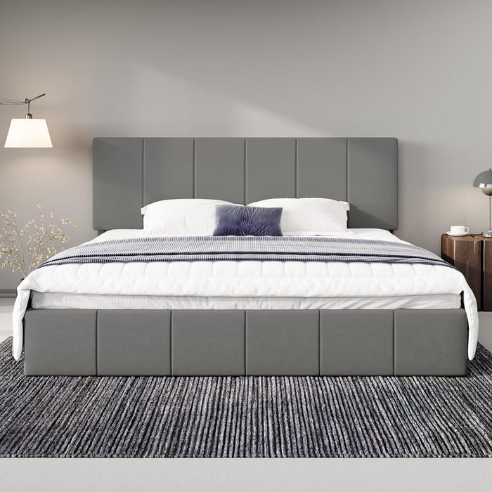 King Size Dutch Velvet Upholstered Platform Bed Frame/Vertical Channel Tufted Adjustable Headboard/Low Profile Bed Frame/No Box Spring Needed/Easy Assembly/Grey