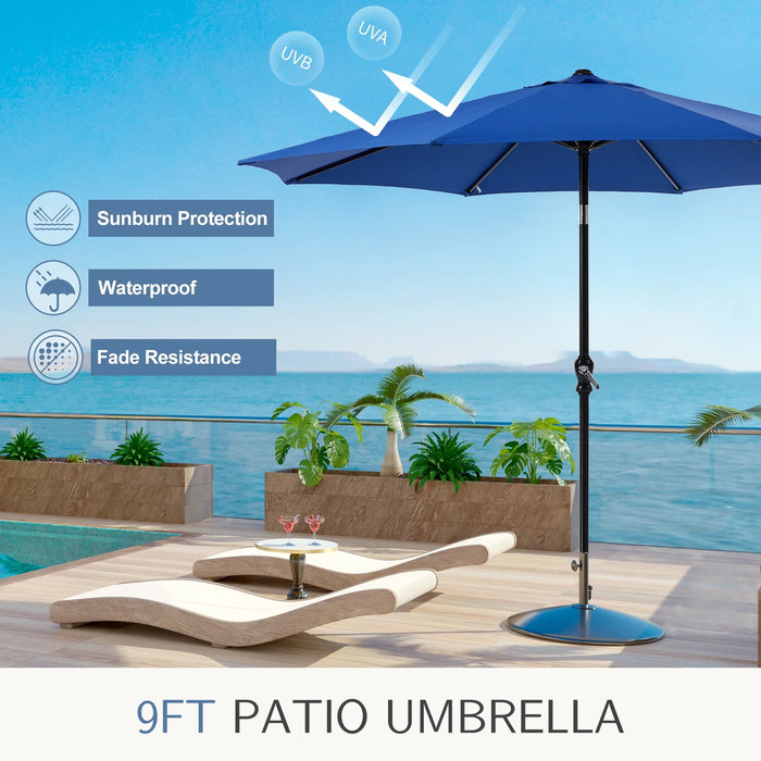 9FT Outdoor Patio Umbrella with Push Button Tilt and Crank Handle, Market Umbrella with 8 Sturdy Umbrella Ribs, UV Protection, Waterproof, Blue