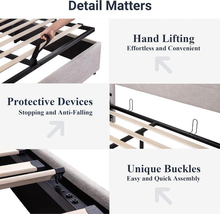 Queen Size Lift up Storage Bed, Modern Wingback Headboard, Hydraulic Support, No Box Spring Needed, Light Beige