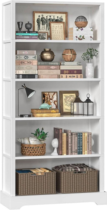 5-Tier Wooden Book Shelf, 65"H × 31.5"W × 9.9“D Bookshelf with Storage, Floor-Standing Display Bookcase, Farmhouse Style Bookshelf with Arched Base, Suitable for Living Room, Study, Office, White