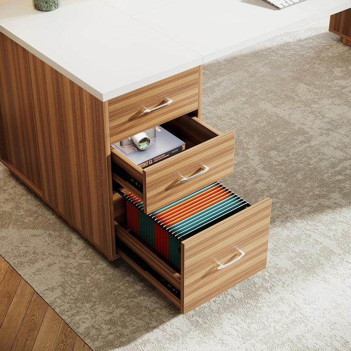 85Point8Inch L-Shaped Executive Desk White Walnut StorageCabinet