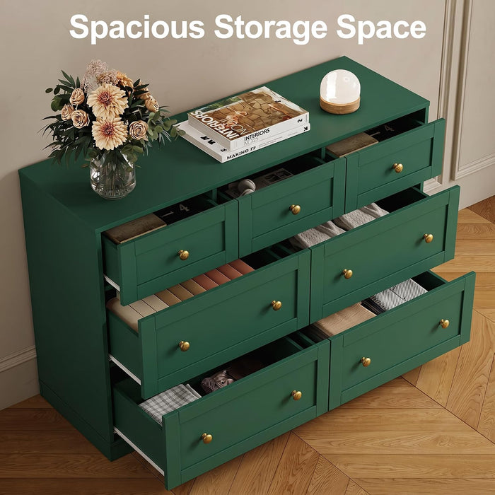 7 Drawer Dresser for Bedroom, Green Wood Chest of Drawers