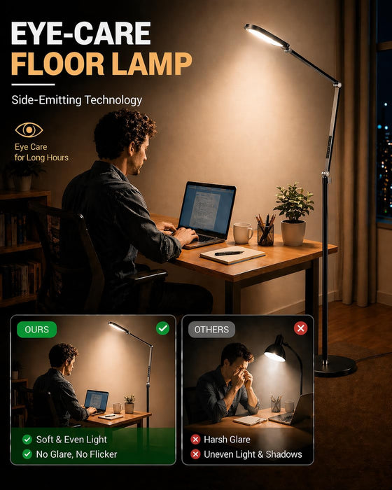 Eye-Caring LED Floor Lamp for Office, Reading, and Crafting, 69" Dimmable Office Lamp, Standing Reading Lamp with 30 Lighting Modes, Remote &Touch Control, Memory, Timer & Adjustable Swing Arm, CRI 97