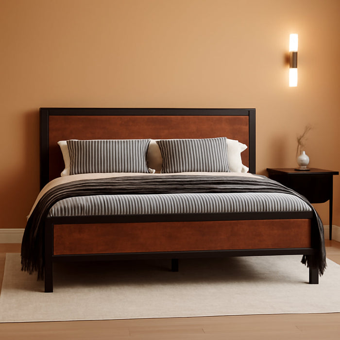 14 Inch King Size Metal Platform Bed Frame with Wooden Headboard and Footboard, Mattress Foundation, No Box Spring Needed, Large under Bed Storage, Mahogany