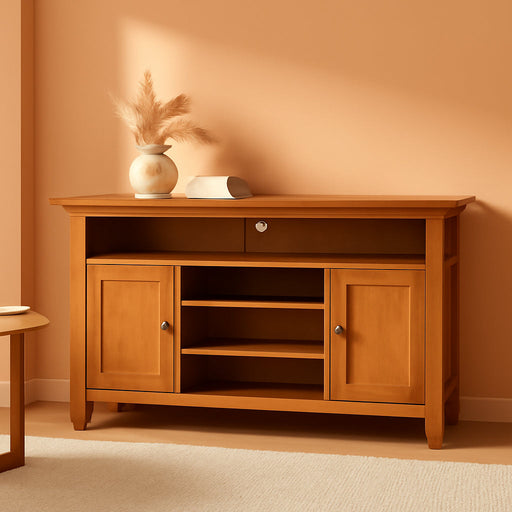 Amherst SOLID WOOD Universal TV Media Stand, 54 Inch Wide Living Room Entertainment Center, Storage Cabinet and Shelves, for Flat Screen Tvs up to 60 Inches in Light Golden Brown