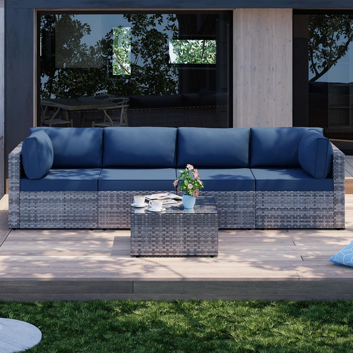 5 Pieces Outdoor Patio Sectional Sofa Couch, Silver Gray PE Wicker Furniture Conversation Sets with Washable Cushions & Glass Coffee Table for Garden, Poolside, Backyard (Aegean Blue)