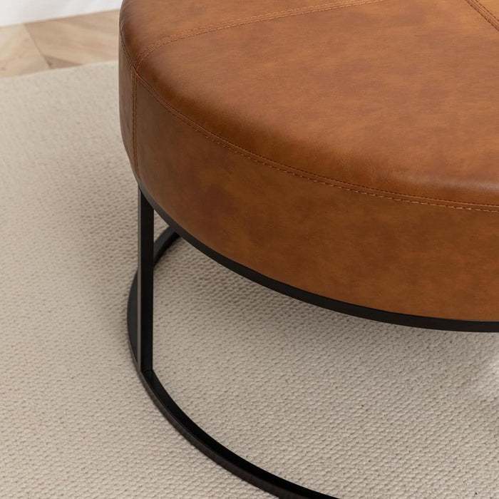 Modern round Coffee Table, Farmhouse Ottoman for Living Room, Large Vintage Leather Coffee Tables with Leather Upholstered Padded Seat [Round, Vintage Brown, 30'']