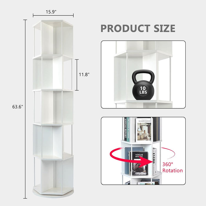 5-Tier Lazy Susan 360° Rotating Bookshelf White | Bookshelf Tower,Freestanding Vertical Corner Book Shelf for Bedroom Living Room