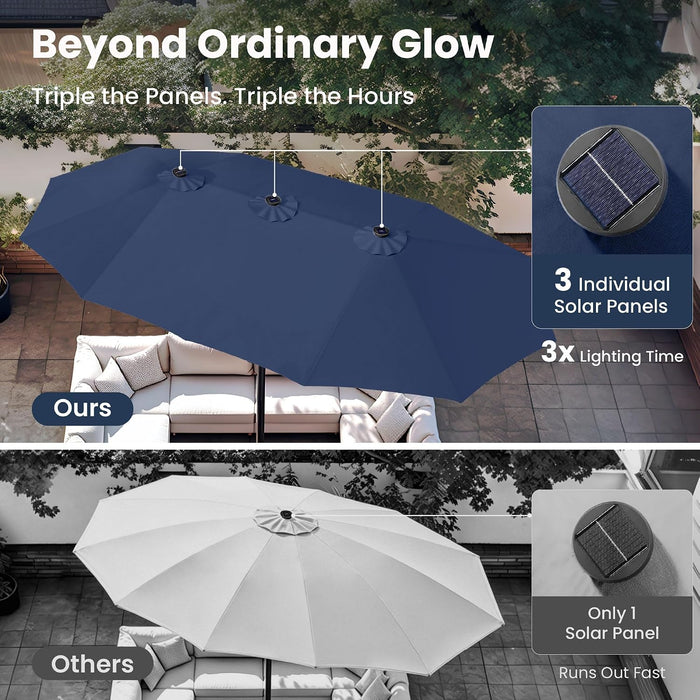 15Ft Large Patio Umbrella with Base & Solar Lights,Rectangle,Navy