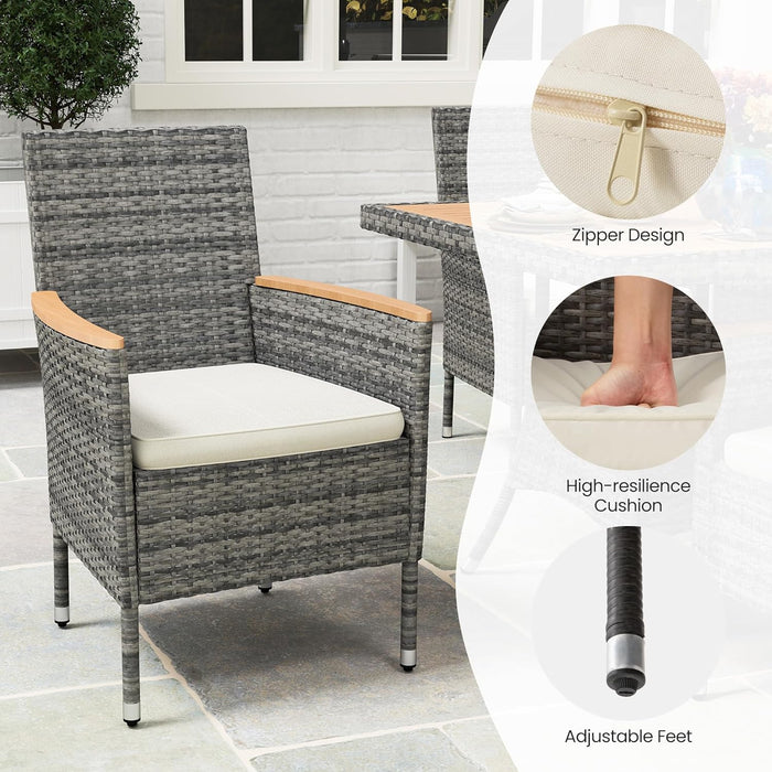 Patio Dining Sets for 4, All Weather Rattan Outdoor Table and Chairs with Acacia Wood Tabletop, Patio Dining Furniture with Removable Cushions for Deck Garden, Backyard, Gray