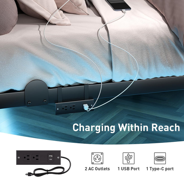 Floating Queen Bed Frame 14 Inch, Metal Platform Bed Frame with Smart LED Lights & Charging Station, Noise Free Storage Bed, No Box Spring Needed,Black
