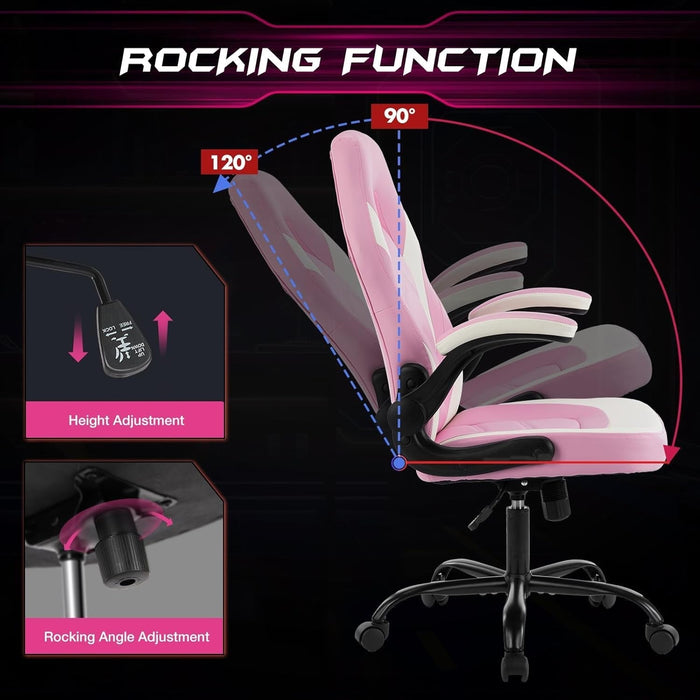 Computer Gaming Desk Chair - Pink Ergonomic Office Executive Adjustable Swivel Task PU Leather Racing Chair with Flip-Up Armrest for Adults, Kids, Men, Girls, Gamer, White Pink