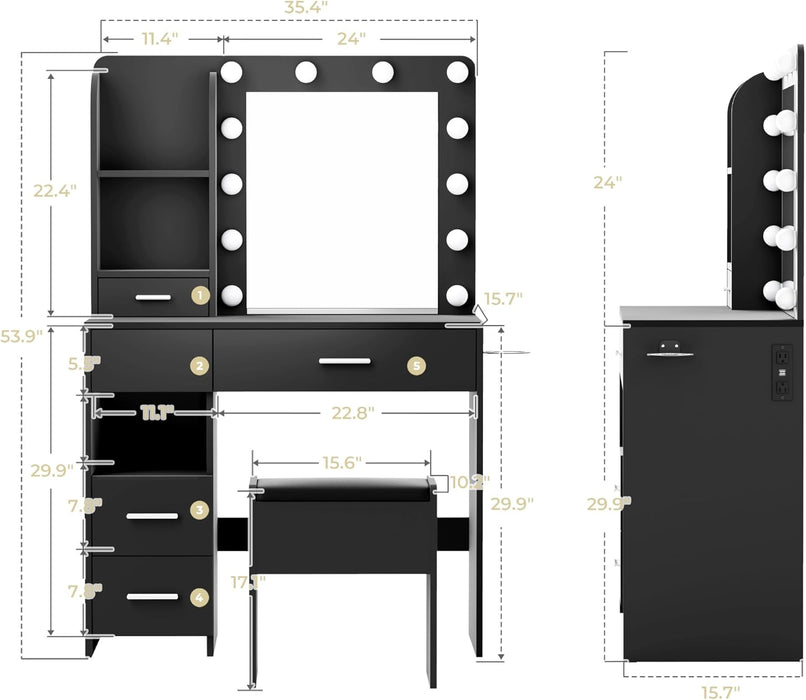 Vanity Desk with Mirror and Lights, 3 Adjustable Lighting Makeup Vanity Desk with 3 Storage Shelves, 5 Large Drawers and Power Outlet, Vanity with Chair for Bedroom, Black