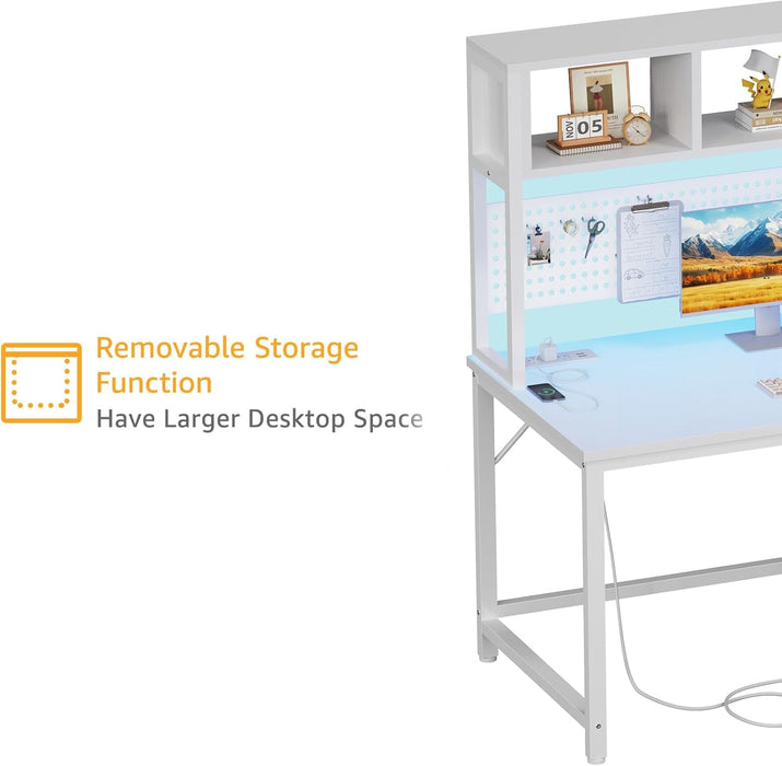 White Gaming Desk with Hutch and Pegboard - Computer Desk with Hutch, Power Outlet, 47 Inch Art Desk with Storage, Hooks, RGB and Side Bag, Writing Modern Study Teen Desks for Girl Bedroom Home Office