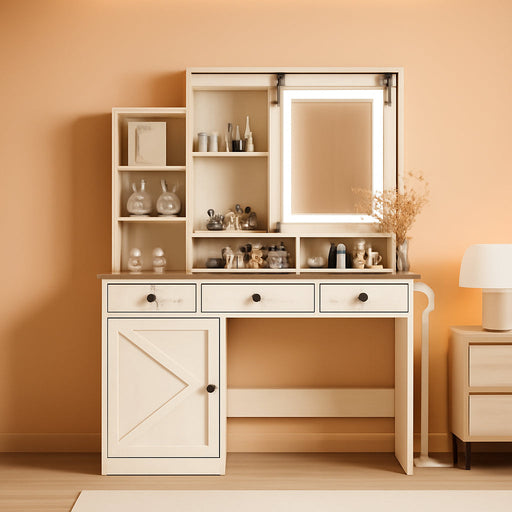 Brown Vanity Table with LED Lighted Mirror, White Dressing Desk with Storage Drawers & Built-In Charging Station, 3 Adjustable Light Modes for Bedroom Vanity Area (041 Brown)