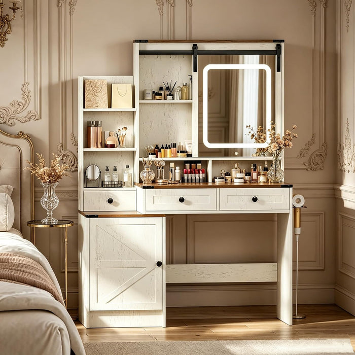 Brown Vanity Table with LED Lighted Mirror, White Dressing Desk with Storage Drawers & Built-In Charging Station, 3 Adjustable Light Modes for Bedroom Vanity Area (041 Brown)