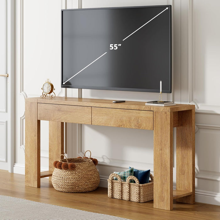 60 Inch Long Entryway Console Table with Drawers, Farmhouse Sofa Table behind Couch, Entrance Accent Table for Hallway, Living Room, Foyer, Bedroom, Wooden Thick Tabletop (Natural)