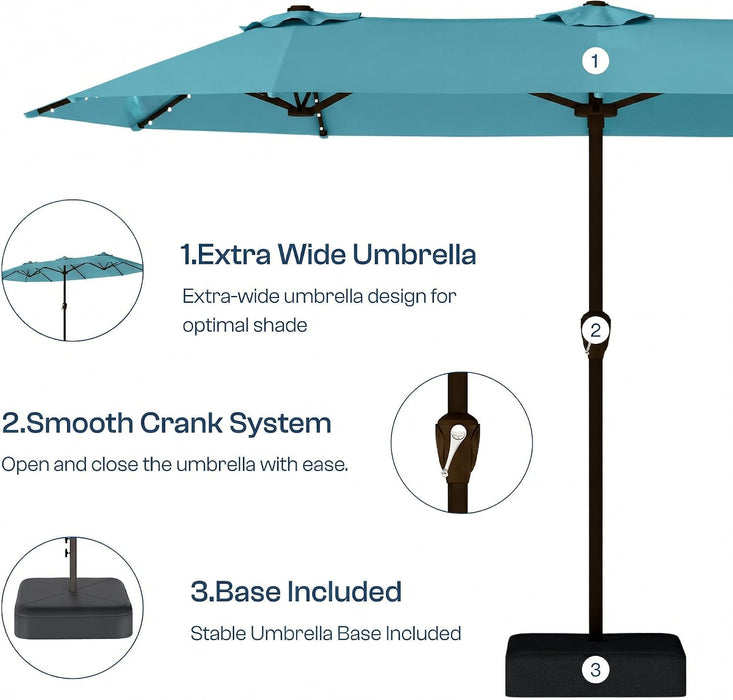 15FT Patio Umbrella with Solar Lights, Double-Sided Extra Large Outdoor Table Umbrella with Base Included, Heavy-Duty 12 Iron Ribs Market Umbrella for Garden, Pool, Backyard, Sky Blue